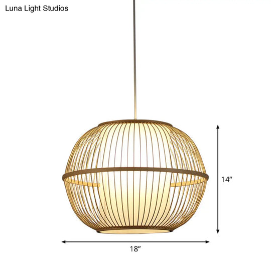 Spherical Bamboo Hanging Lamp - Asian 1 Light 10/14/18 Wide Beige Suspended Lighting Fixture With