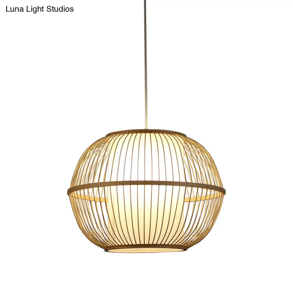 Spherical Bamboo Hanging Lamp - Asian 1 Light 10/14/18 Wide Beige Suspended Lighting Fixture With