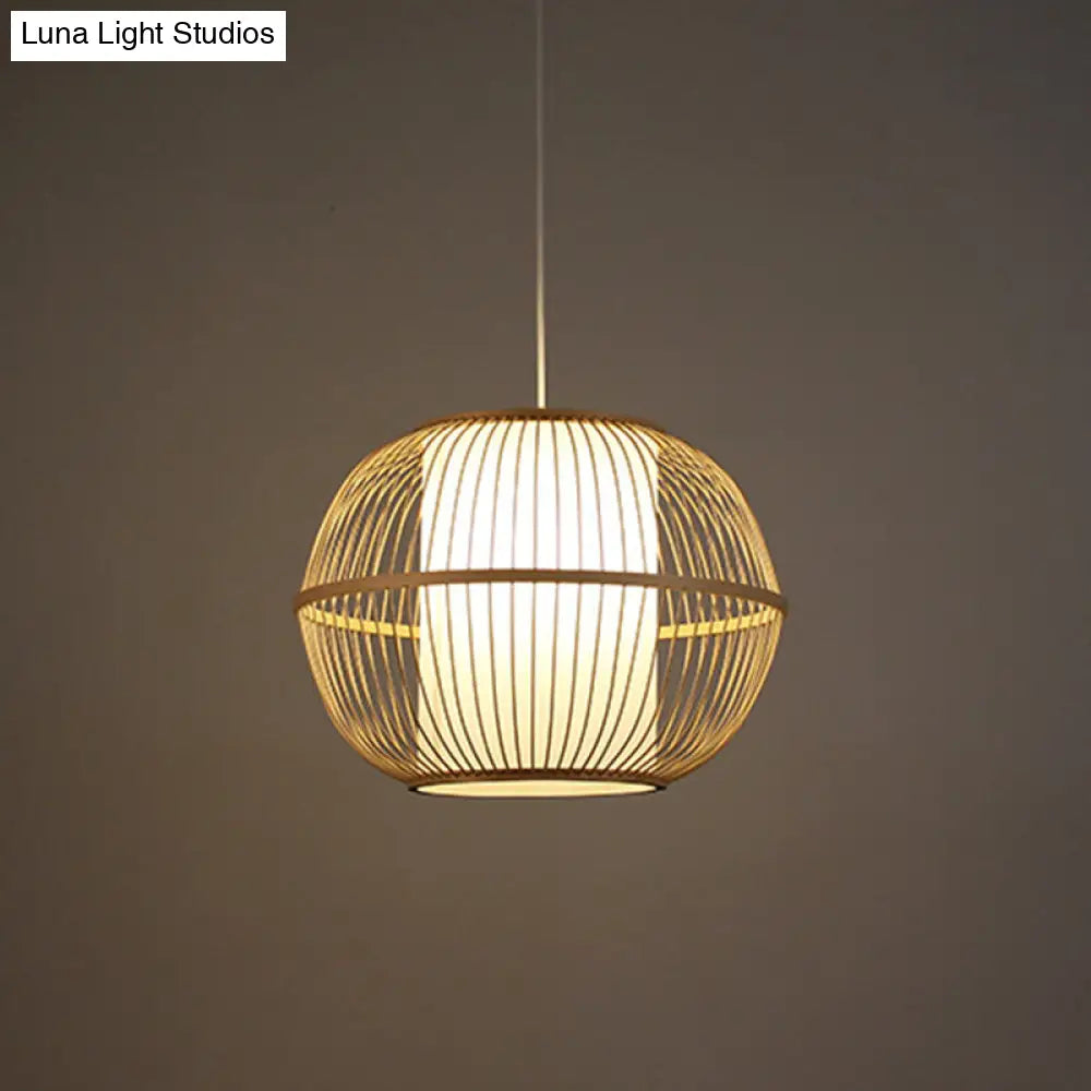 Spherical Bamboo Hanging Lamp - Asian 1 Light 10/14/18 Wide Beige Suspended Lighting Fixture With