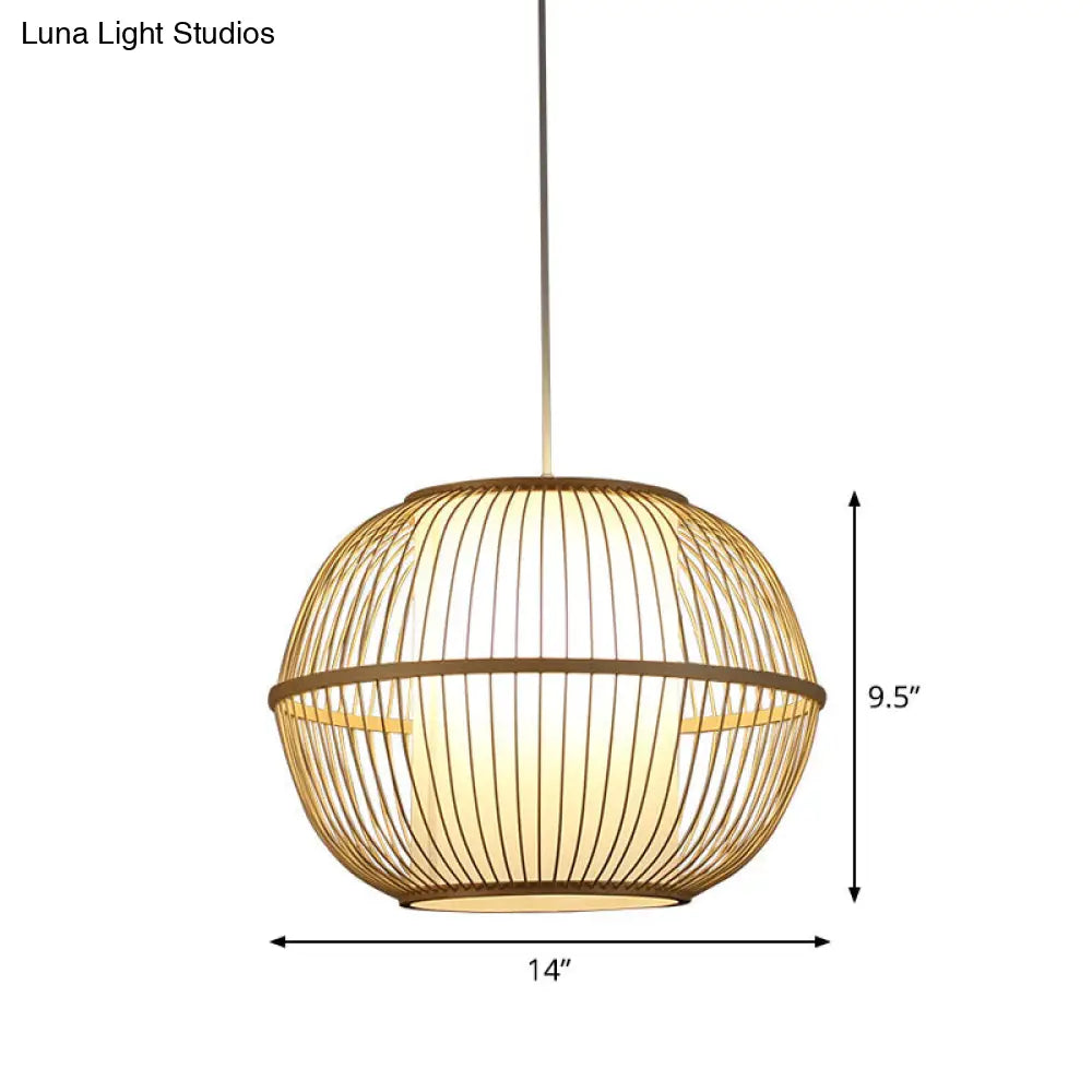 Spherical Bamboo Hanging Lamp - Asian 1 Light 10/14/18 Wide Beige Suspended Lighting Fixture With