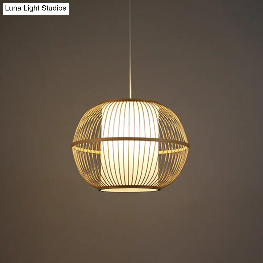 Bamboo Sphere Hanging Lamp With Beige Interior Shade - Asian Style Lighting Fixture