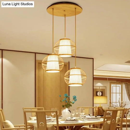 Spherical Bamboo Hanging Lamp - Asian 1 Light 10/14/18 Wide Beige Suspended Lighting Fixture With
