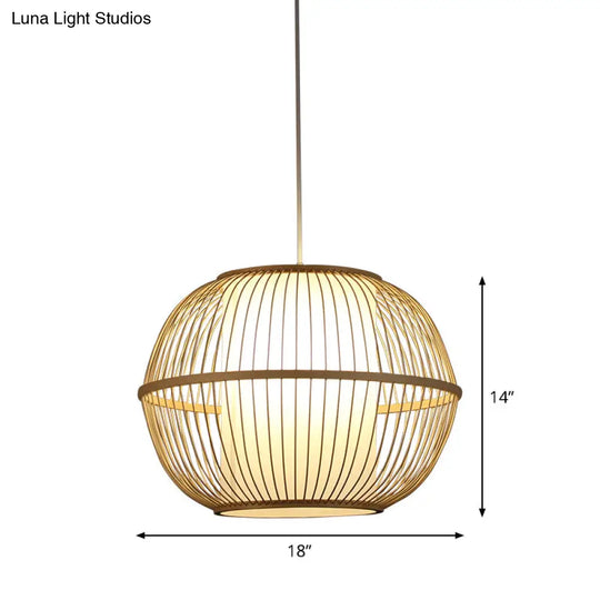 Bamboo Sphere Hanging Lamp With Beige Interior Shade - Asian Style Lighting Fixture