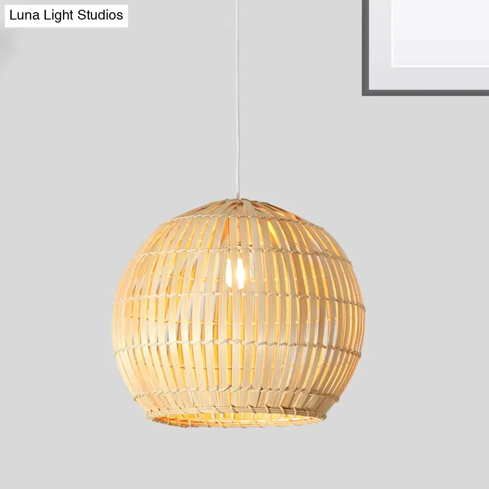 Traditional Bamboo Sphere Pendant Lighting: 1 Bulb Wood Hanging Lamp Kit (12/16/19.5 Wide) / 12