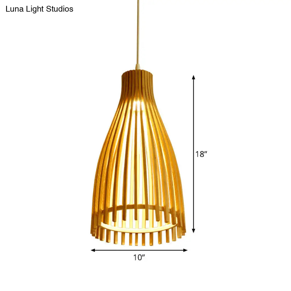 Japanese Conical Bamboo Strip Pendant Lamp - Natural Beige Hanging Ceiling Light For Tea House