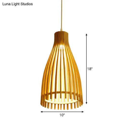 Japanese Conical Bamboo Strip Pendant Lamp - Natural Beige Hanging Ceiling Light For Tea House