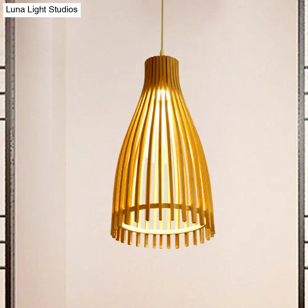 Japanese Conical Bamboo Strip Pendant Lamp - Natural Beige Hanging Ceiling Light For Tea House