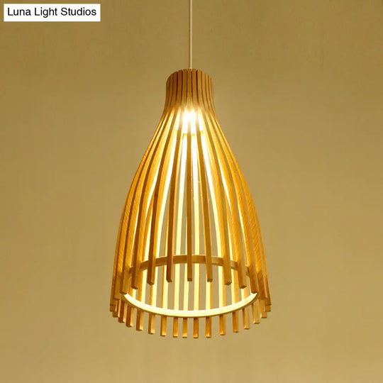 Bamboo Strip Japanese Pendant Lamp - 1-Light Beige Ceiling Light For Tea House