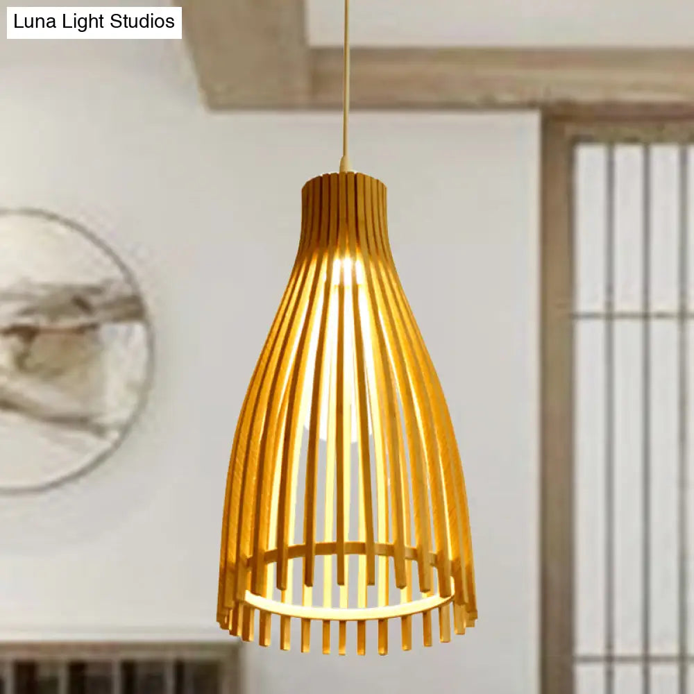 Japanese Conical Bamboo Strip Pendant Lamp - Natural Beige Hanging Ceiling Light For Tea House