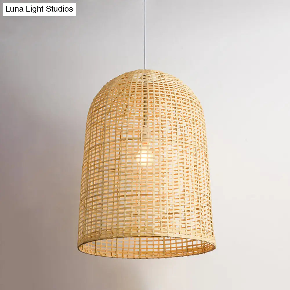 Bamboo Suspension Pendant Light: Contemporary 1 Light Dining Room Hanging Lamp In Beige