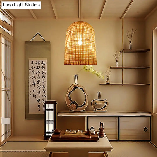 Bamboo Suspension Pendant Light: Contemporary 1 Light Dining Room Hanging Lamp In Beige