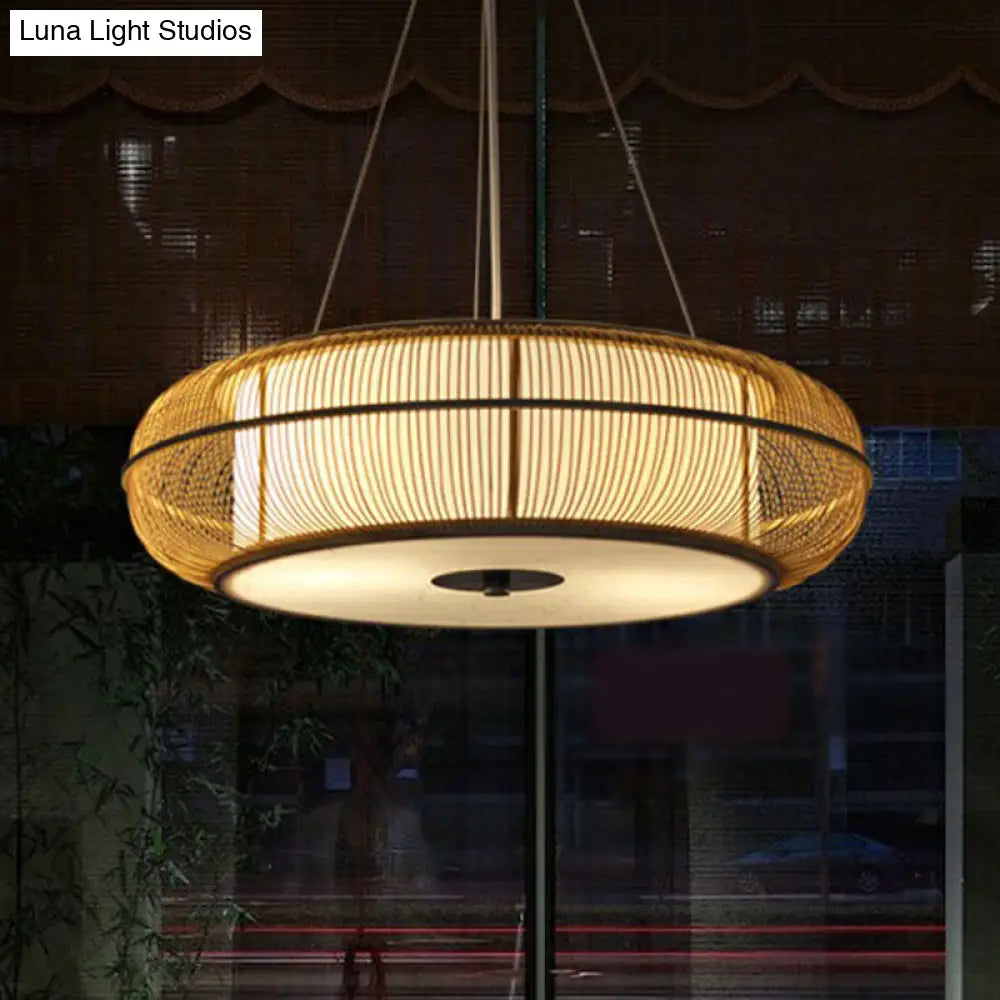 Bamboo Tea Room Chandelier - Curved Drum Suspension Light With South-East Asian Influence