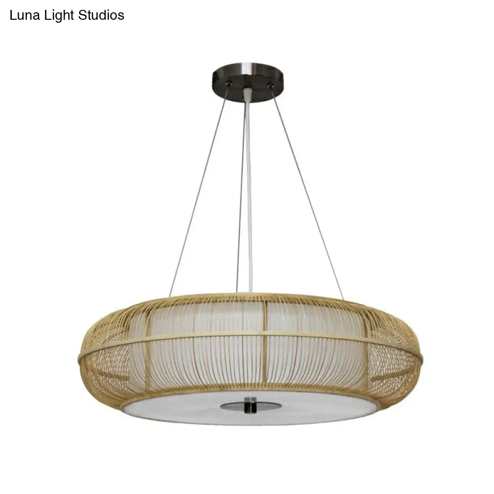 Bamboo Tea Room Chandelier - Curved Drum Suspension Light With South-East Asian Influence