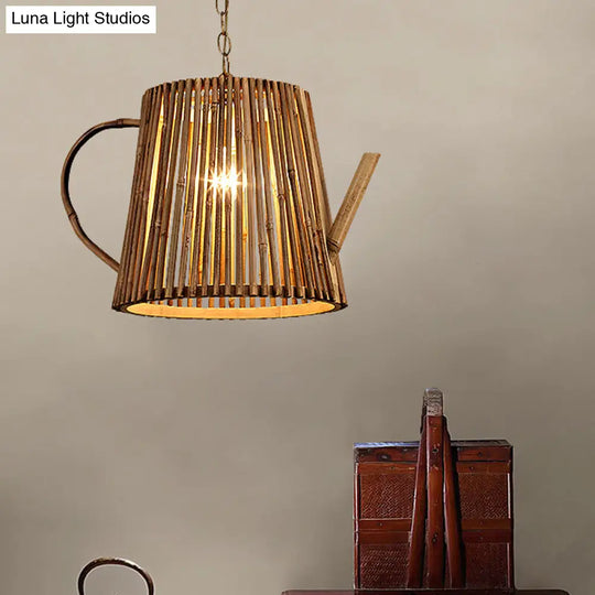 Bamboo Teapot Pendant Light - Rustic Wood Hanging Lamp With Adjustable Chain