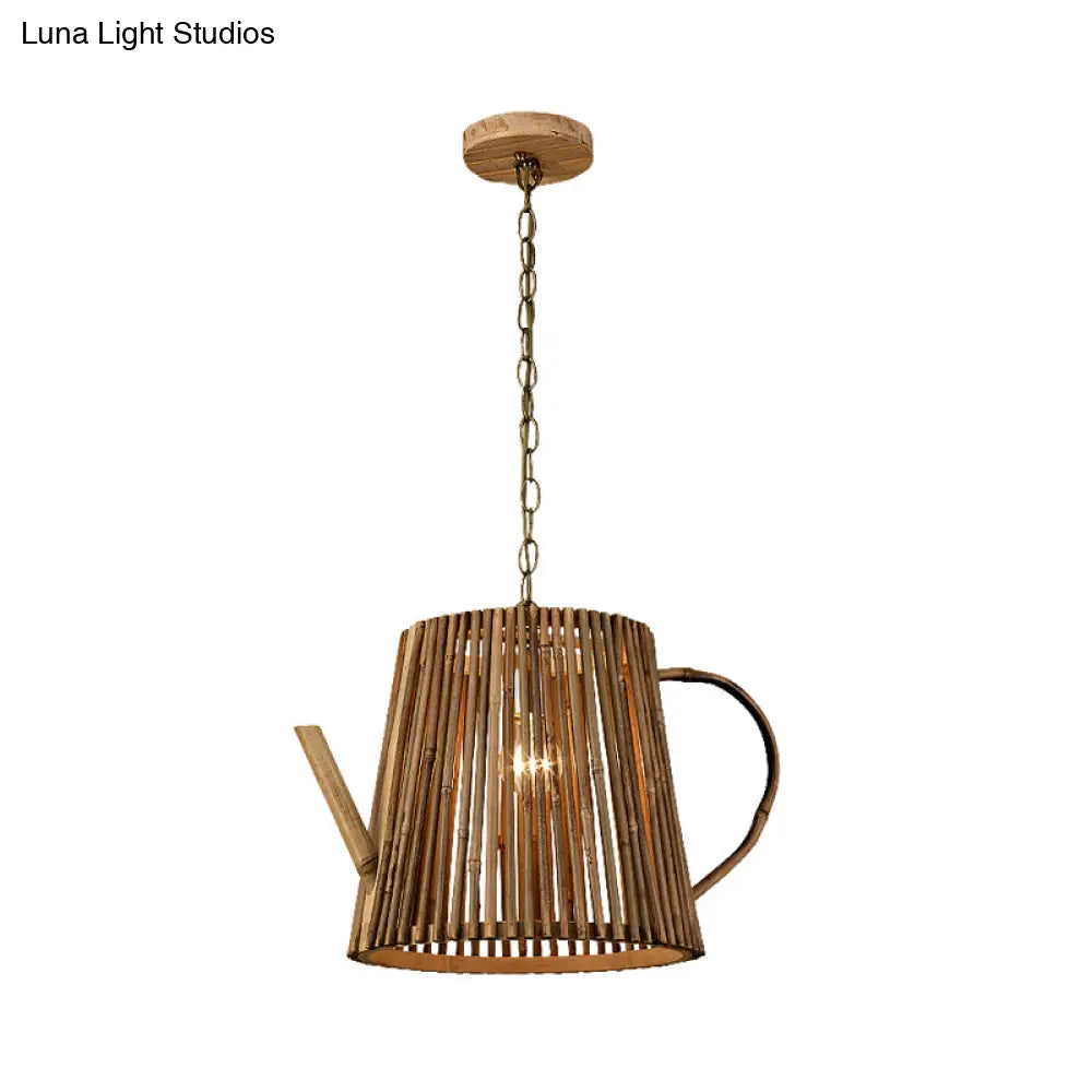 Bamboo Teapot Pendant Lighting - Wood Hanging Lamp With Adjustable Chain 1 Bulb Kit