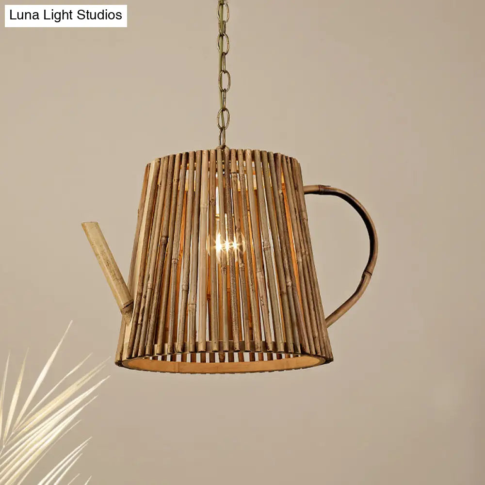 Bamboo Teapot Pendant Light - Rustic Wood Hanging Lamp With Adjustable Chain