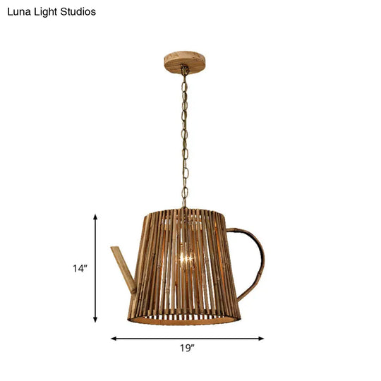 Bamboo Teapot Pendant Light - Rustic Wood Hanging Lamp With Adjustable Chain