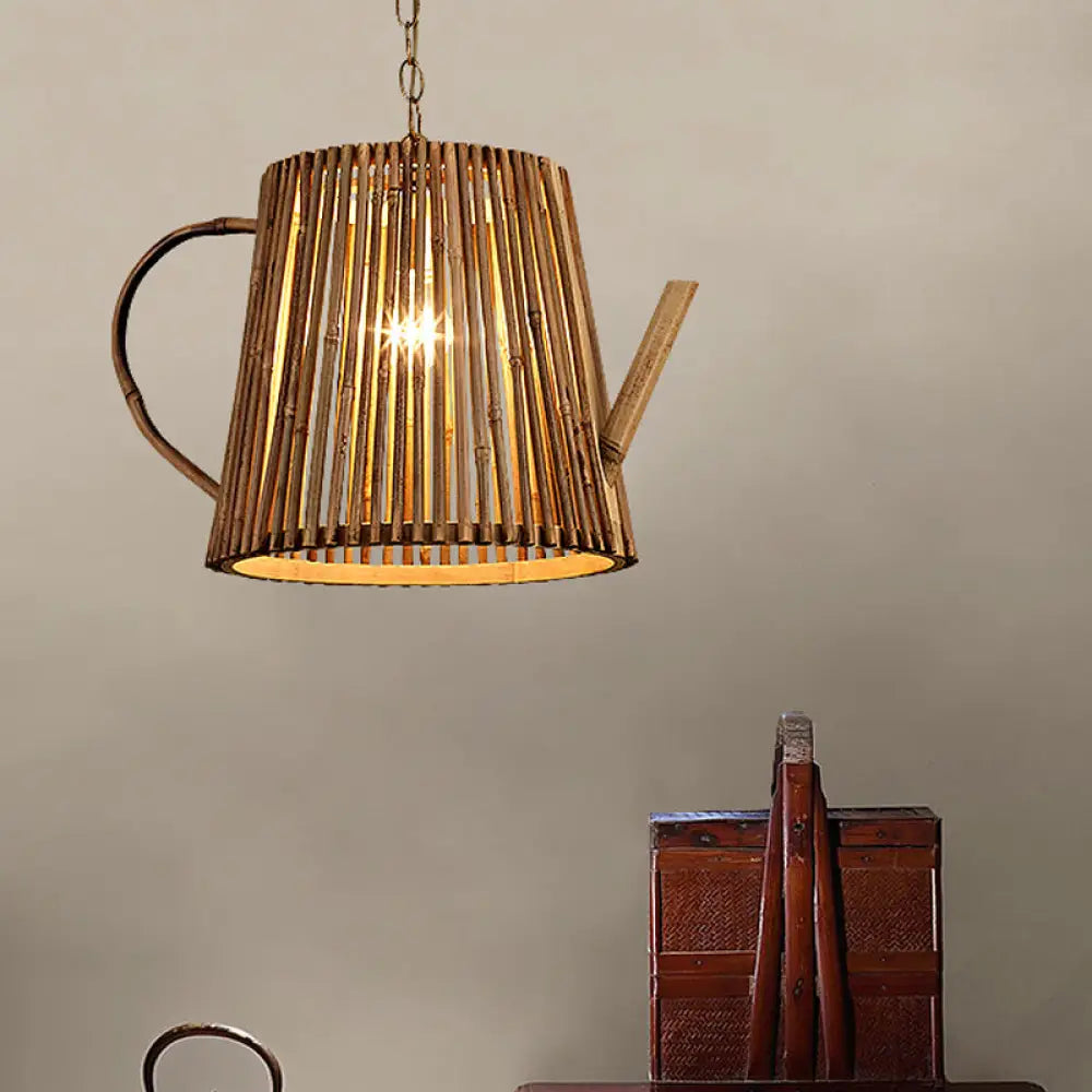 Bamboo Teapot Pendant Lighting - Wood Hanging Lamp With Adjustable Chain 1 Bulb Kit