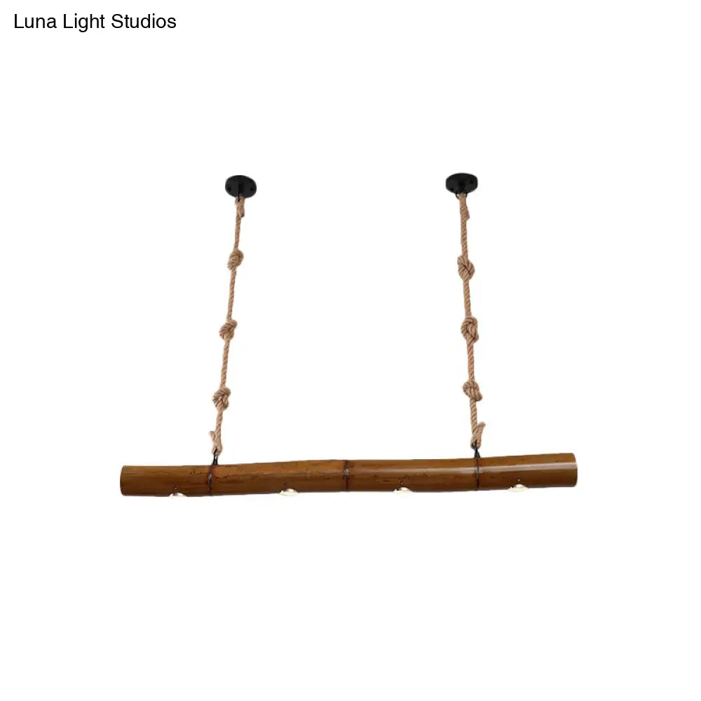 Bamboo Tube Island Lighting - Farmhouse Pendant Light With 4 Bulbs Yellow And Brown Rope Included