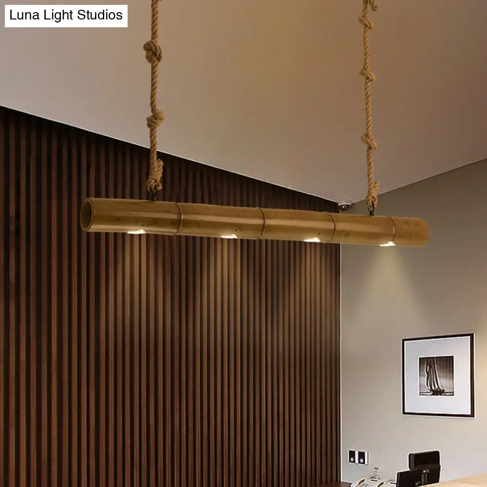 Bamboo Tube Island Lighting - Farmhouse Pendant Light With 4 Bulbs Yellow And Brown Rope Included