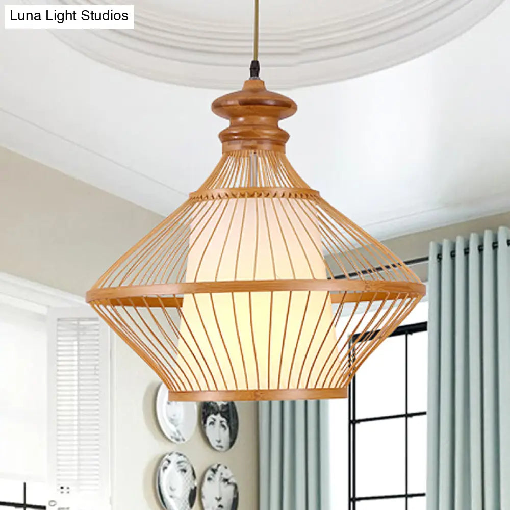 Bamboo Urn Ceiling Lamp: Japanese Hanging Pendant Light In Beige With Tapered White Parchment Shade