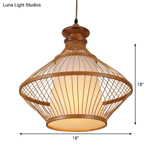 Bamboo Urn Ceiling Lamp: Japanese Hanging Pendant Light In Beige With Tapered White Parchment Shade