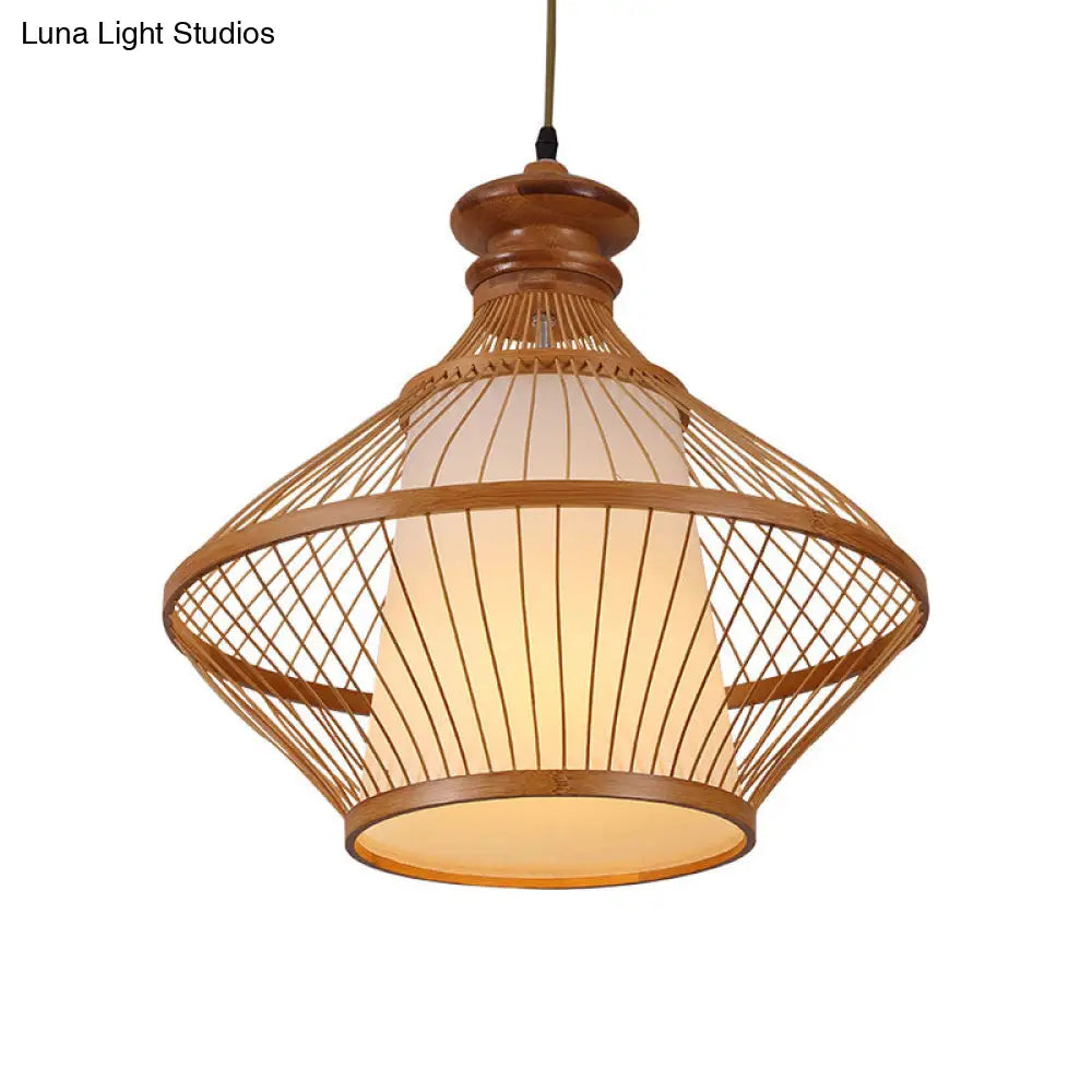 Bamboo Urn Ceiling Lamp: Japanese Hanging Pendant Light In Beige With Tapered White Parchment Shade