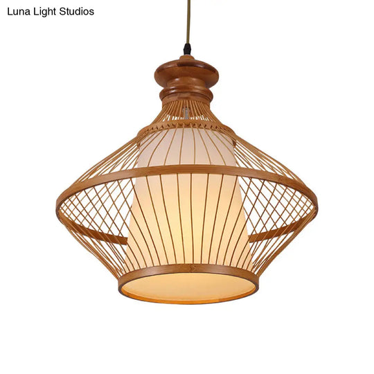 Bamboo Urn Ceiling Lamp: Japanese Hanging Pendant Light In Beige With Tapered White Parchment Shade