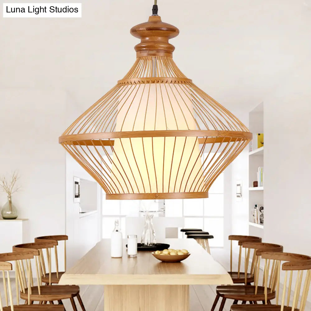 Bamboo Urn Ceiling Lamp: Japanese Hanging Pendant Light In Beige With Tapered White Parchment Shade