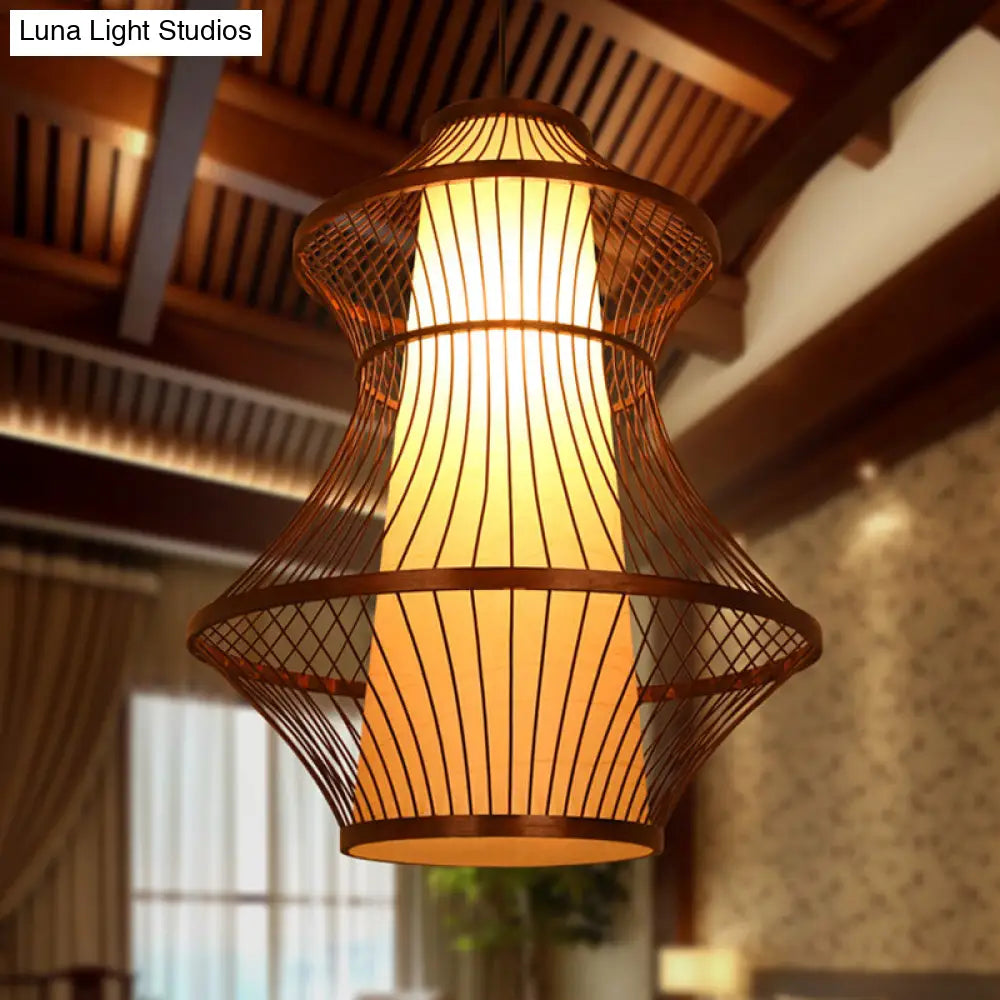 1-Bulb Asian Brown Bistro Pendant Light Kit With Urn Bamboo Shade (16/19.5/23.5 W)