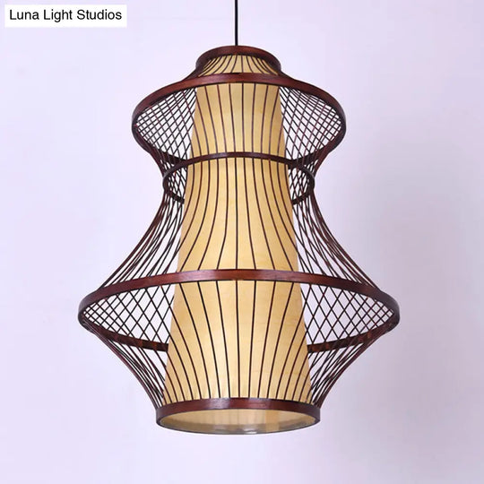 1-Bulb Asian Brown Bistro Pendant Light Kit With Urn Bamboo Shade (16/19.5/23.5 W)