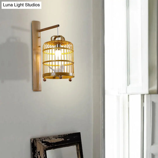 Bamboo Wall Mount Sconce Lamp With Asian Flair - Wood Cage Design 1 Bulb White Bird Deco