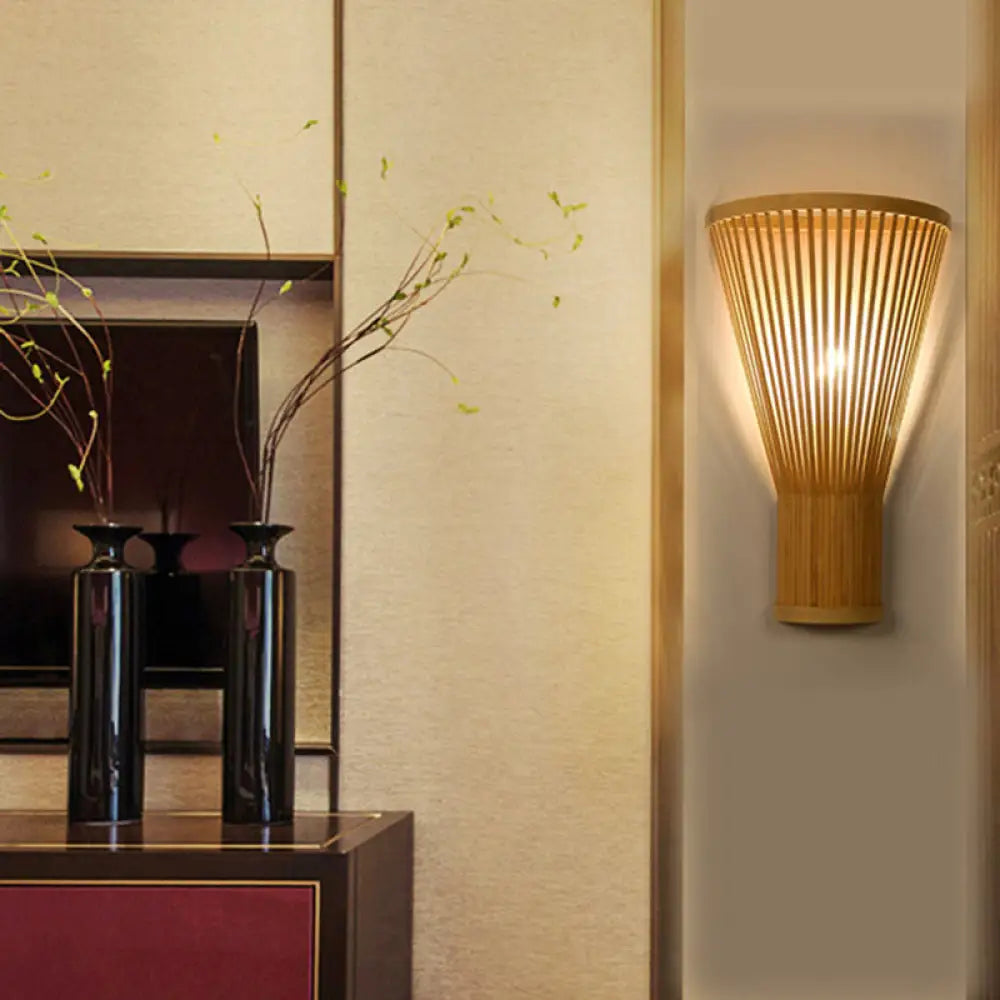 Bamboo Wall Sconce Lamp - Handcrafted Asian Style Beige 1-Bulb Lighting For Bedside