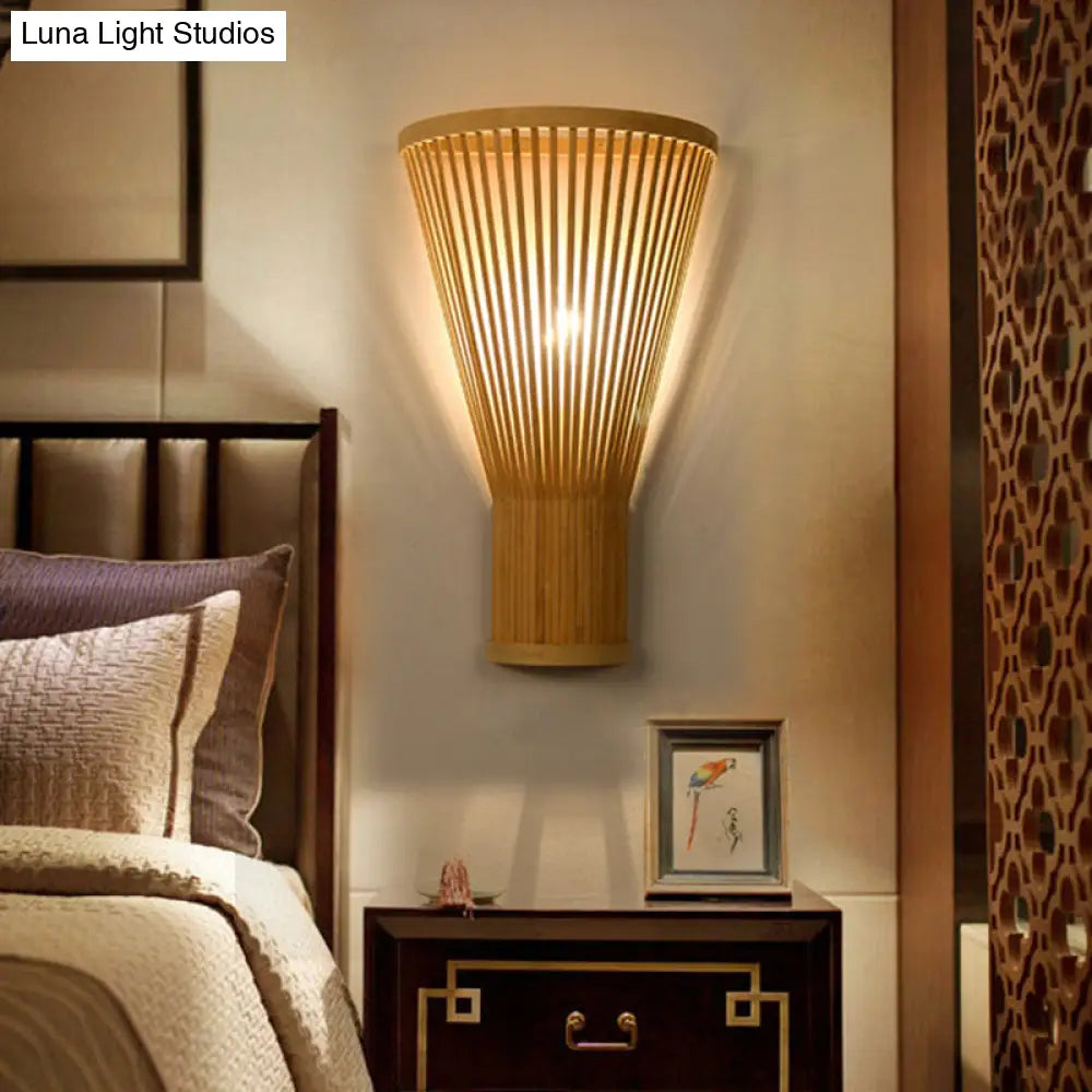 Bamboo Wall Sconce Lamp - Handcrafted Asian Style Beige 1-Bulb Lighting For Bedside