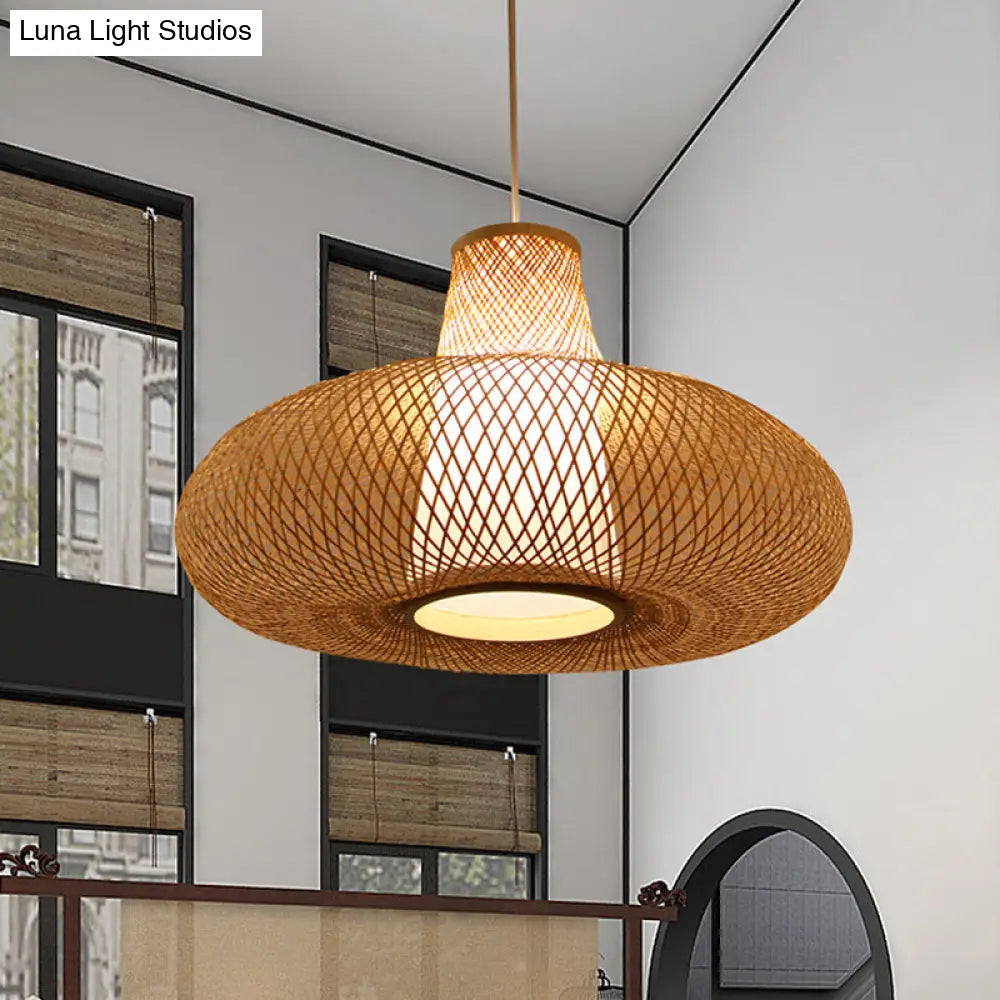 Bamboo Weave Pendant Light Kit - Contemporary 1 Bulb Suspension Hanging 16/19.5 Wide Wood / 16