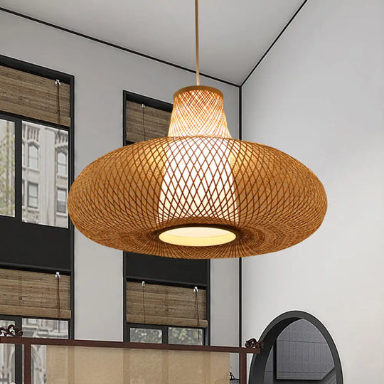 Bamboo Weave Pendant Light Kit With 1 Bulb - Contemporary Wood Hanging Lamp 16’/19.5’ Wide / 16’