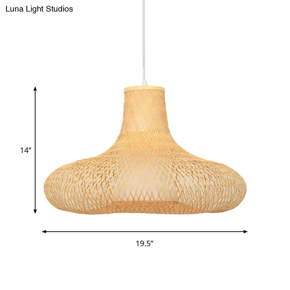 Bamboo Weave Pendant Light Kit With 1 Bulb - Contemporary Wood Hanging Lamp 16’/19.5’ Wide