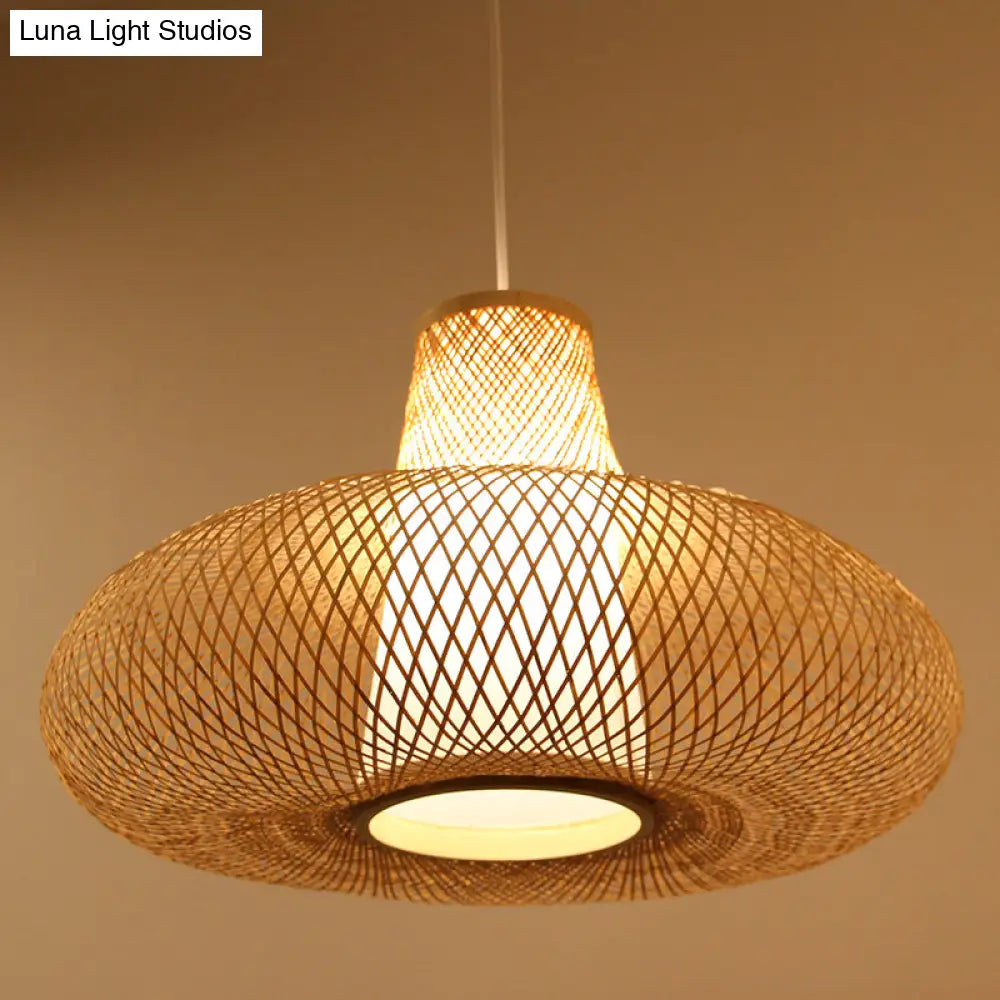 Bamboo Weave Pendant Light Kit With 1 Bulb - Contemporary Wood Hanging Lamp 16’/19.5’ Wide