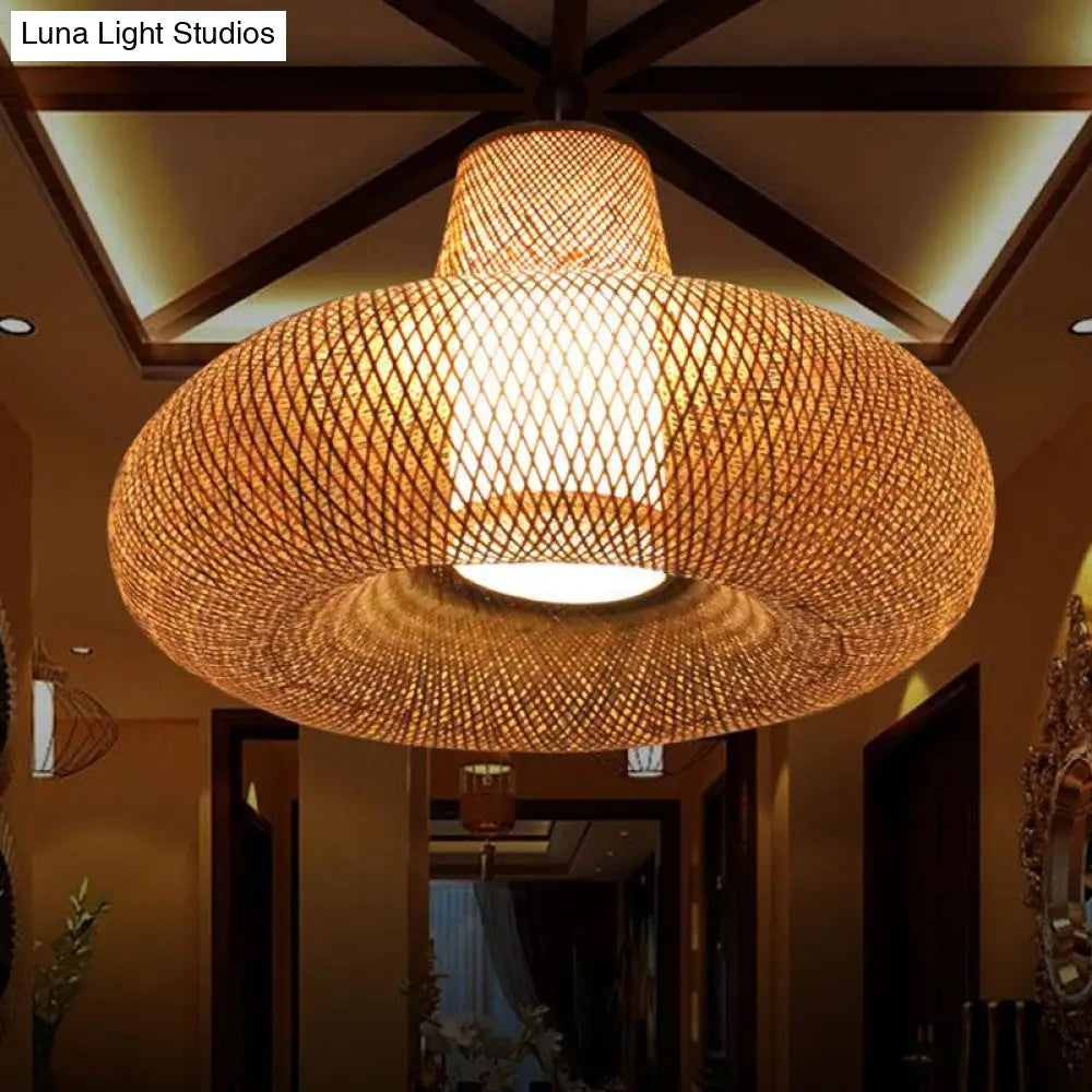 Bamboo Weave Pendant Light Kit With 1 Bulb - Contemporary Wood Hanging Lamp 16’/19.5’ Wide