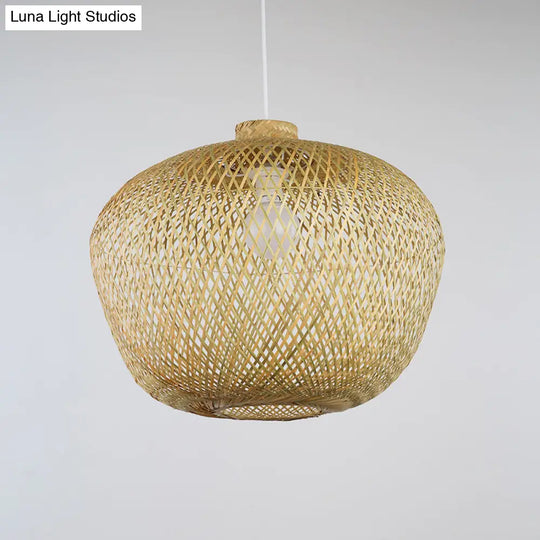 Bamboo Weaving Ceiling Lamp: Asian Crock Design 1 Light Pendant In Beige For Living Room