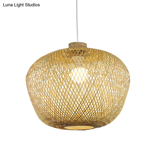 Bamboo Weaving Ceiling Lamp: Asian Crock Design 1 Light Pendant In Beige For Living Room