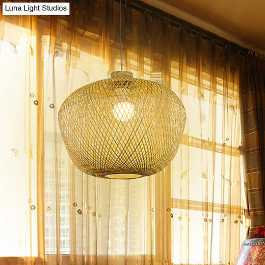 Bamboo Weaving Ceiling Lamp: Asian Crock Design 1 Light Pendant In Beige For Living Room