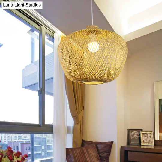 Bamboo Weaving Ceiling Lamp: Asian Crock Design 1 Light Pendant In Beige For Living Room