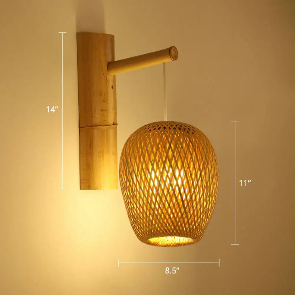 Bamboo Weaving Lantern Wall Sconce - Chinese Style Wood Hanging Light For Corridor / Oval