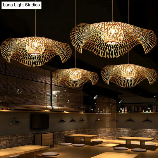 Wooden Asian Pendant Light With Bamboo Woven Floppy Hat Design - 1 Bulb Ceiling Hanging Lamp For