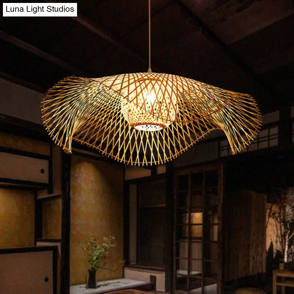 Wooden Asian Pendant Light With Bamboo Woven Floppy Hat Design - 1 Bulb Ceiling Hanging Lamp For