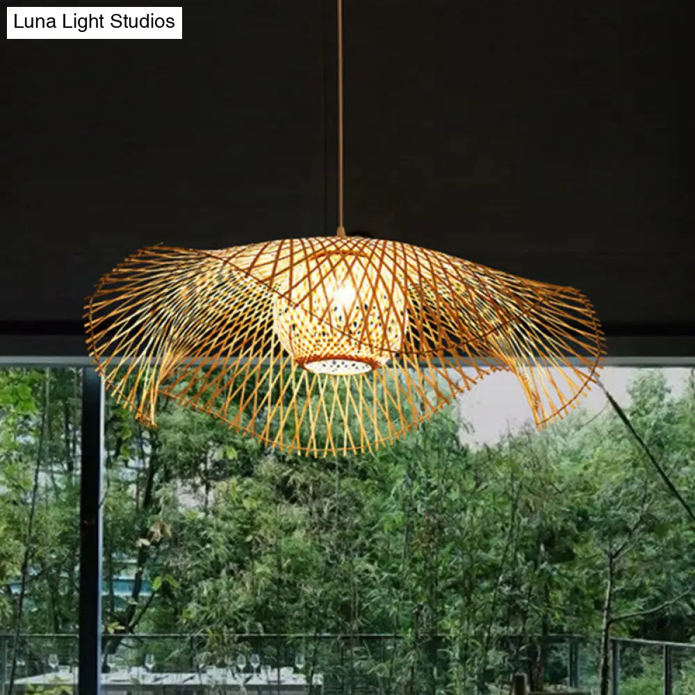 Wooden Asian Pendant Light With Bamboo Woven Floppy Hat Design - 1 Bulb Ceiling Hanging Lamp For