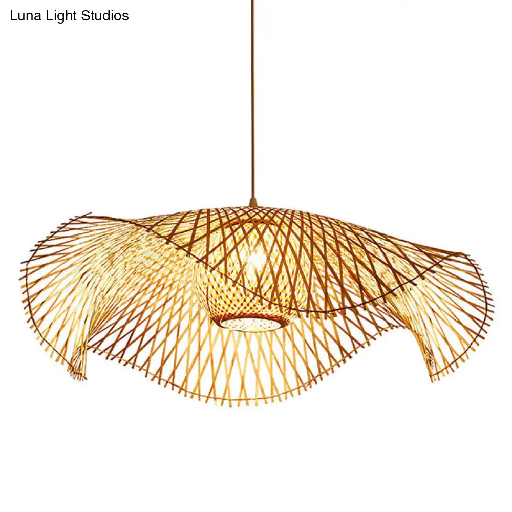 Wooden Asian Pendant Light With Bamboo Woven Floppy Hat Design - 1 Bulb Ceiling Hanging Lamp For