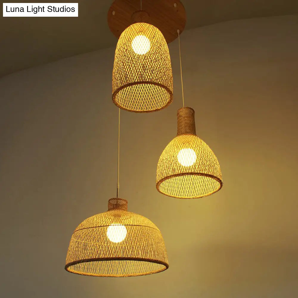 Bamboo Woven Shade Ceiling Light - Minimalistic 1-Head Beige Suspension Pendant