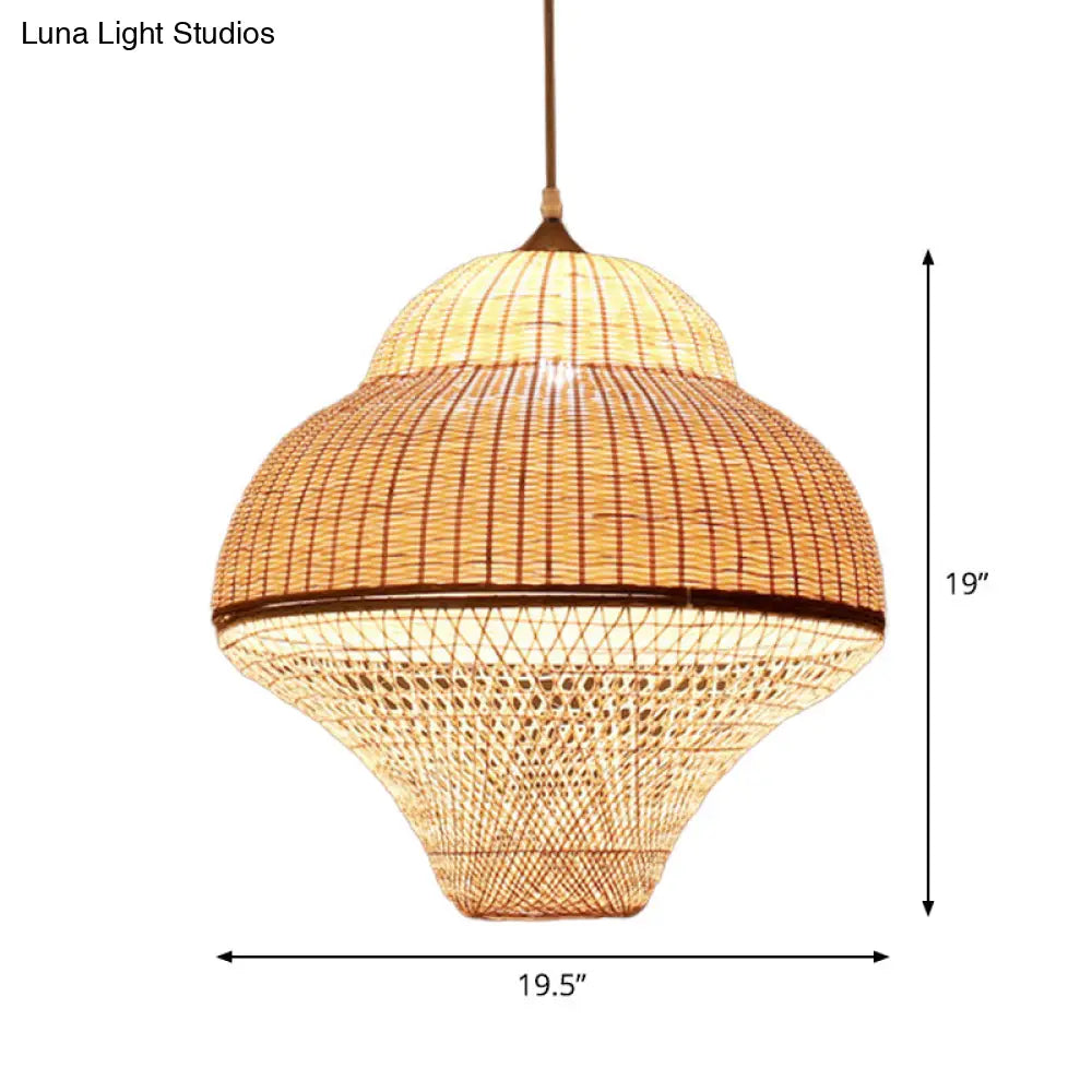 Bamboo Woven Single-Bulb Beige Pendant Lamp: Chinese Gourd/Basket Design For Dining Room Suspension